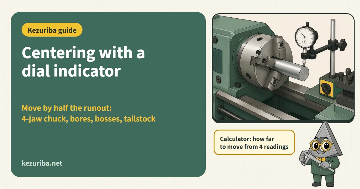 Centering with a dial indicator: four-jaw chuck, bores and bosses on a machining center, and the tailstock, by moving “half the runout”
