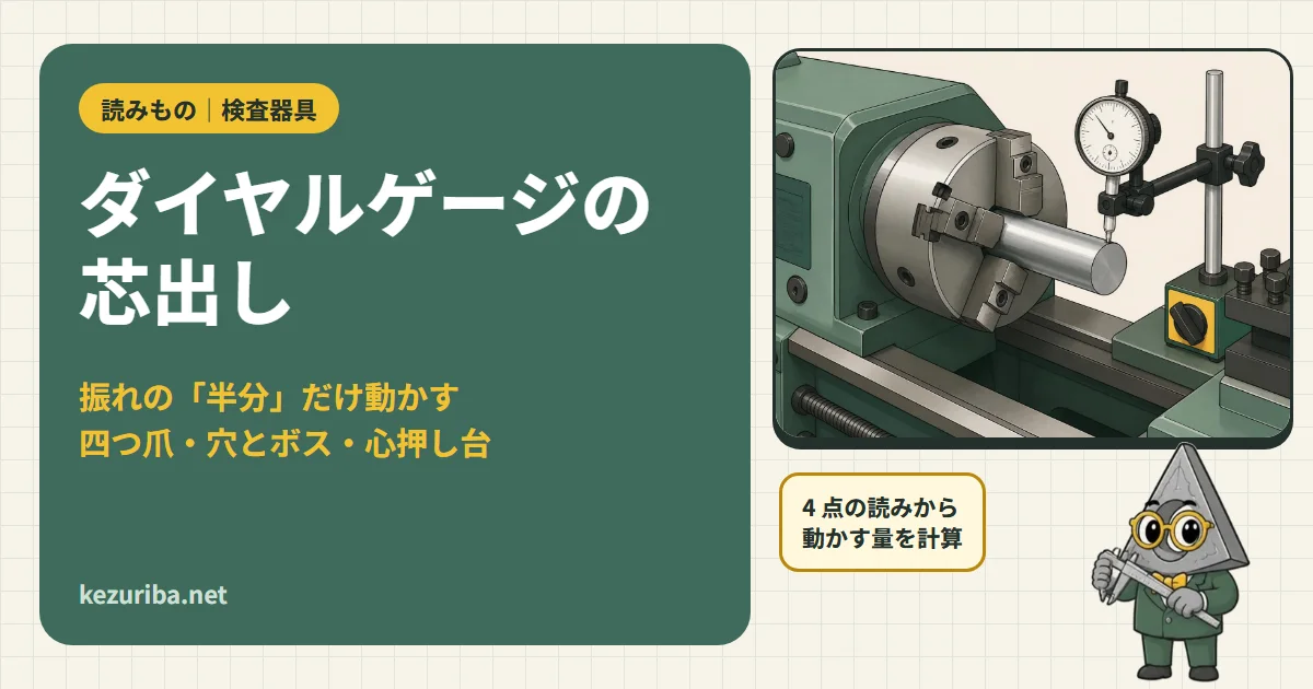 ダイヤルゲージの芯出し：四つ爪チャック・マシニングの穴とボス・心押し台を「振れの半分」で合わせる
