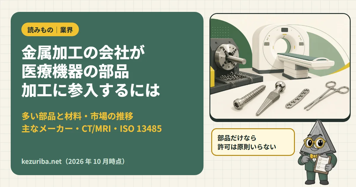 金属加工の会社が医療機器の部品加工に参入するには：多い部品と材料・市場の推移・主なメーカー・薬機法・ISO 13485・ハードル